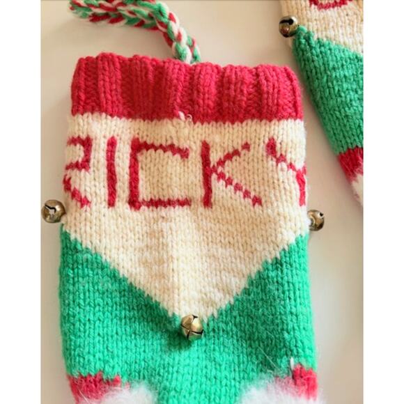 VTG Knit Christmas Stocking Santa Faces "Ricky" & "Jan" Holiday Decor - Picture 3 of 5